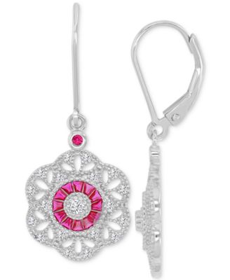 Macy's - Pink & White Cubic Zirconia Openwork Flower Leverback Drop Earrings in Sterling Silver