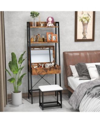 Ladder Vanity Desk Set with Flip Top Mirror and Cushioned Stool