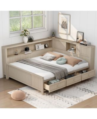 Full Size Wood Daybed with Storage Shelves and 3 Drawers, Antique White Milk