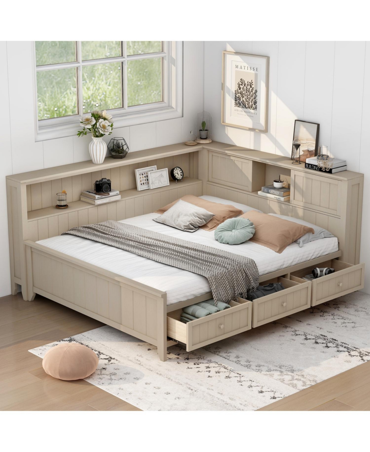 Streamdale Furniture Full Size Wood Daybed with Storage Shelves and 3 Drawers, Antique White Milk