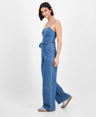 Juniors' Sweetheart-Neck Sleeveless Denim Jumpsuit