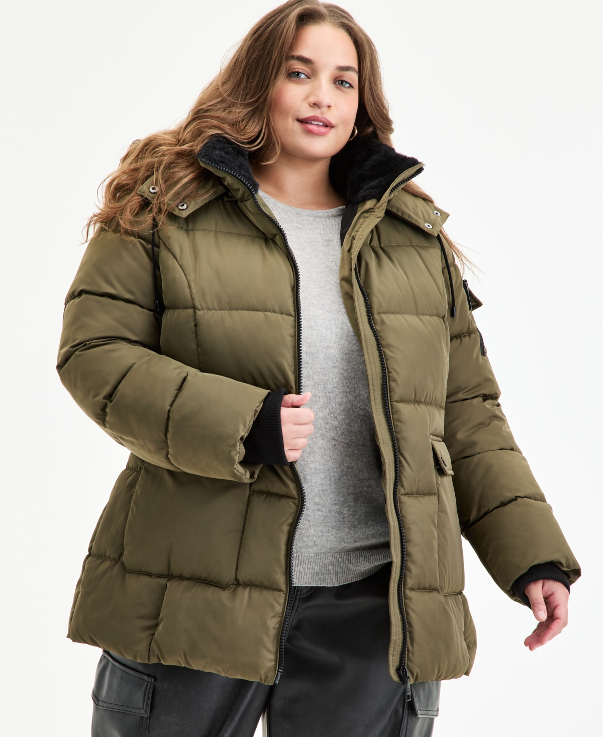 Steve Madden Plus Size Hooded Utility-pocket Puffer Coat In Green