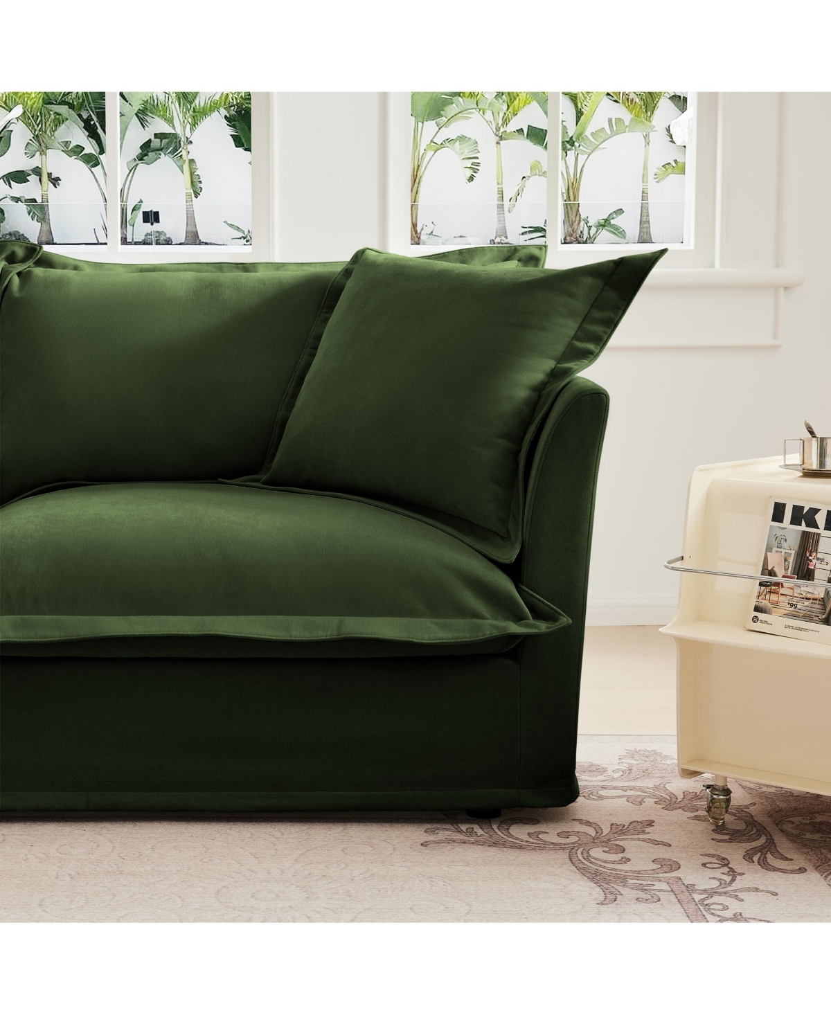 Slipcovered Armless Sofa with Convertible Design & Pillows, Green Chenille Fabric