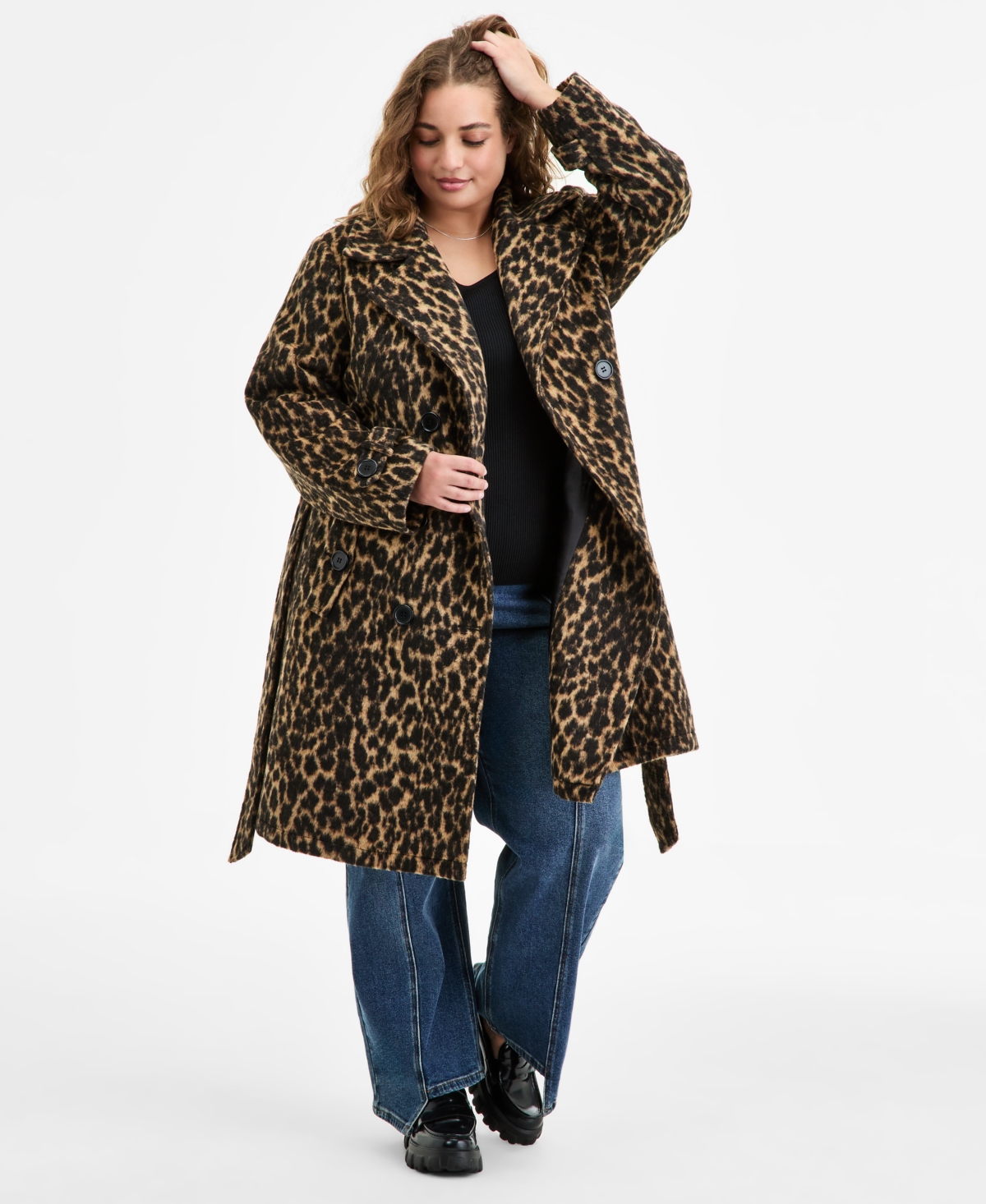 Steve Madden Plus Size Double-breasted Belted Trench Coat In Brown