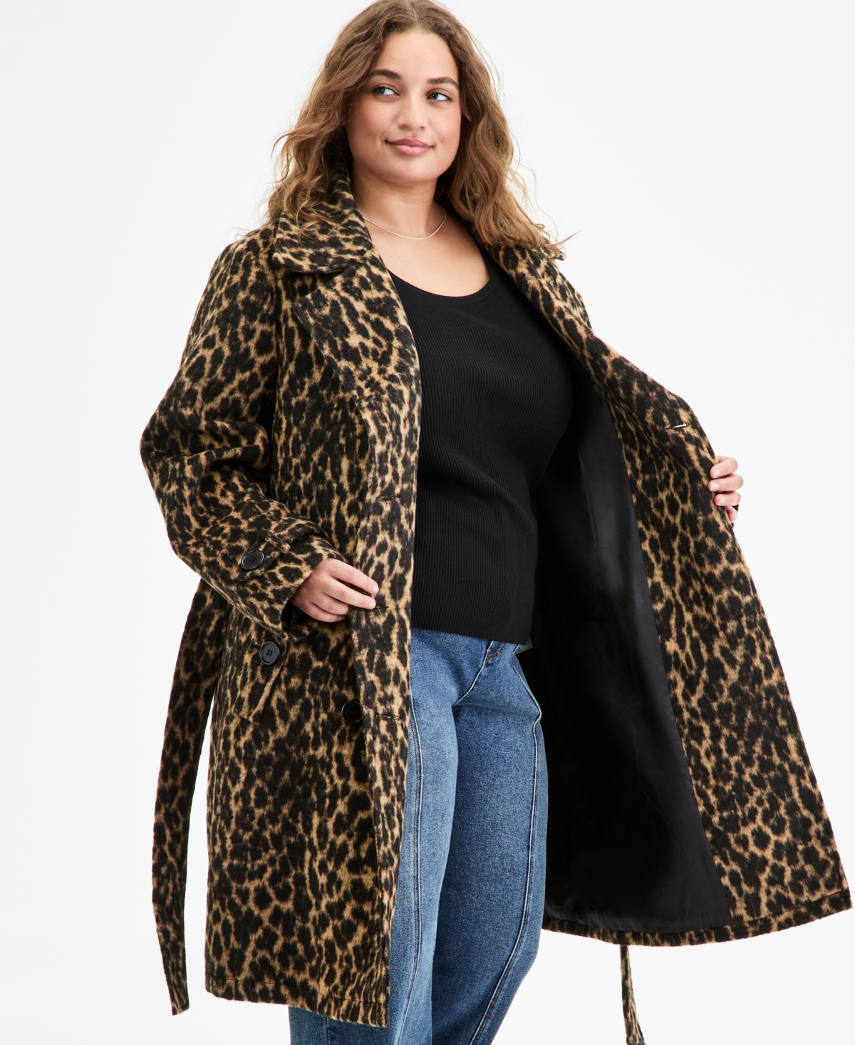 Steve Madden Plus Size Double-breasted Belted Trench Coat In Brown