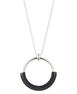 Lauren Ralph Lauren - Silver-Tone Black Leather 36" Adjustable Slider Pendant Necklace