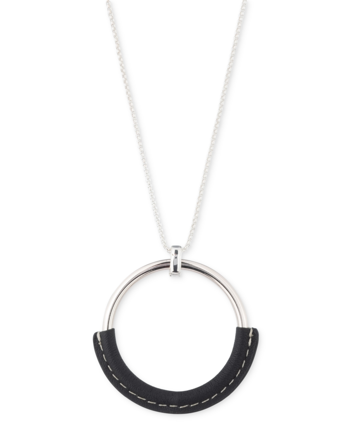 Ralph Lauren Silver-tone Black Leather 36" Adjustable Slider Pendant Necklace In Metallic