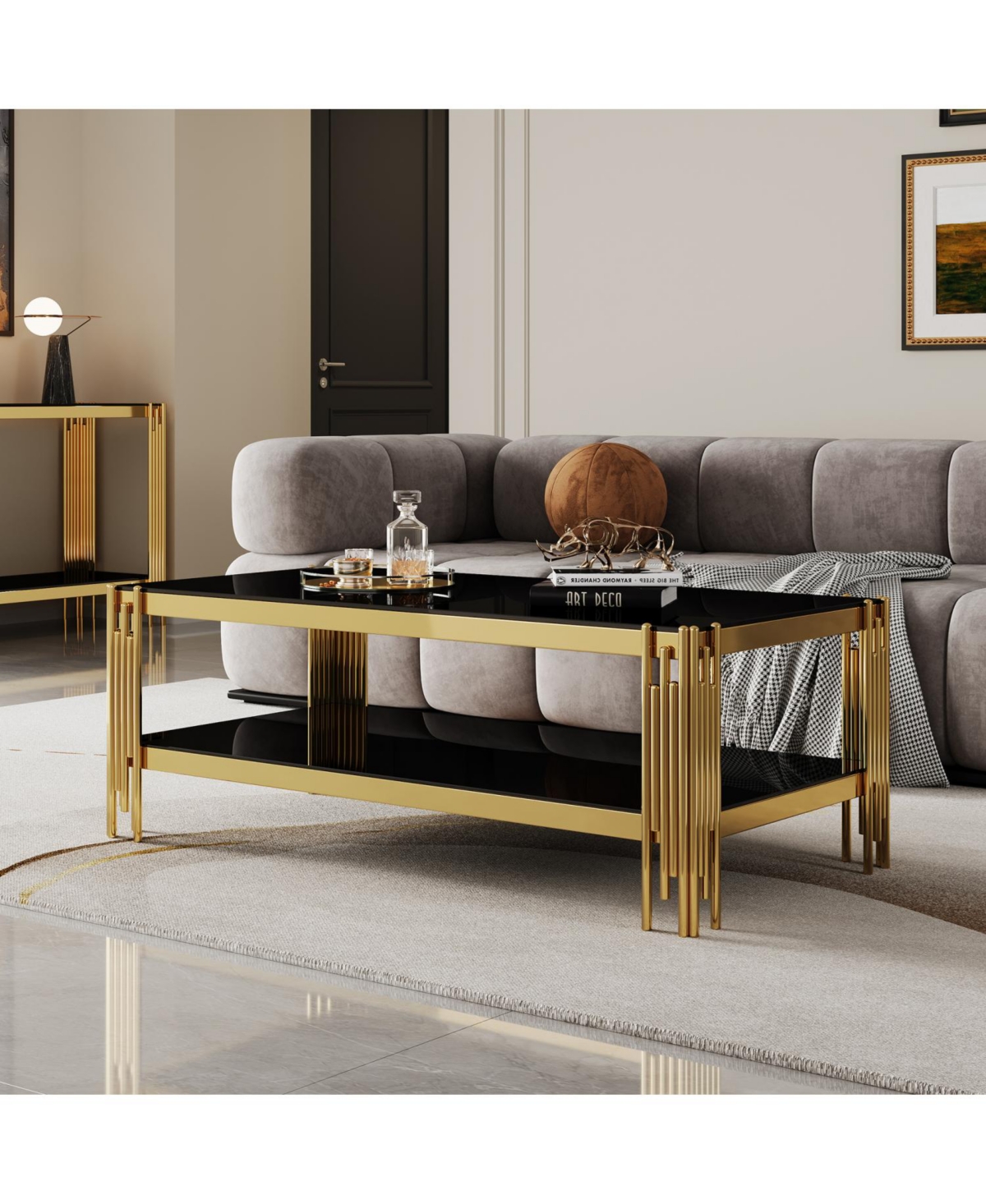 Streamdale Top and Bottom Double Layer Tempered Glass Coffee Table and Mirror Finished Stainless Steel Frame
