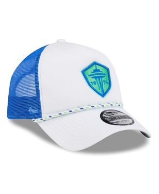 Men's White/Blue Seattle Sounders FC Court Sport Foam A-Frame 9FORTY Adjustable Trucker Hat