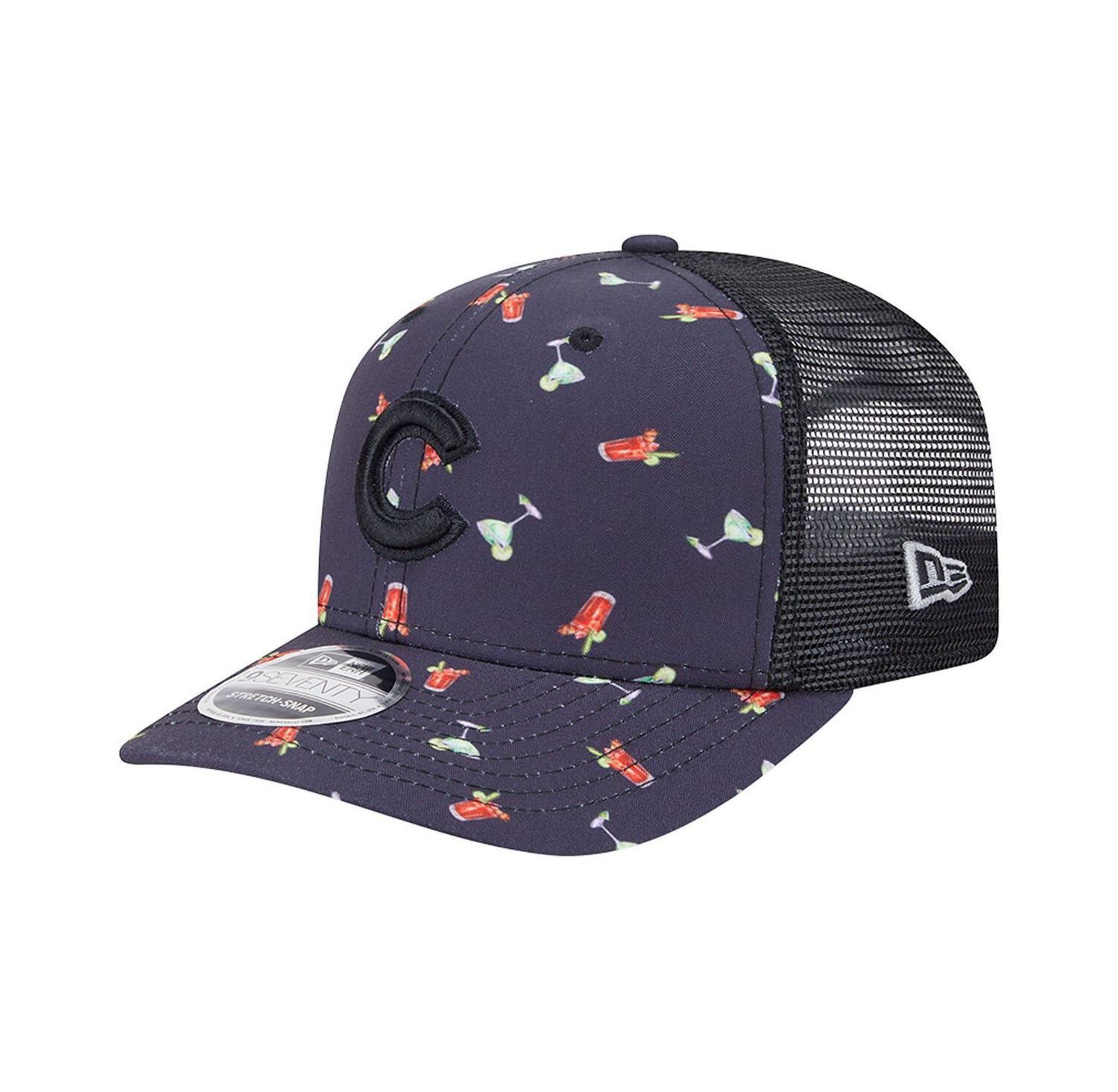 Men's Black Chicago Cubs Adventure Drinks Pattern 9SEVENTY Stretch-Snap Hat