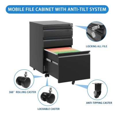 Assembled 3-Drawer Filing Cabinet with Secure Lock