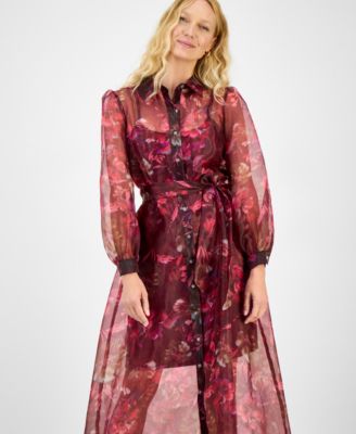 Women's Printed Button-Front Long-Sleeve Gown