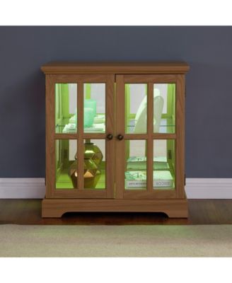 Antique LED Curio Display Cabinet, Adjustable Shelves, Lattice Doors, Oak Showcase