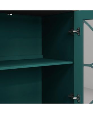 European Antique 4-Door Cabinet with Glass Doors for Living Space, Dark Green
