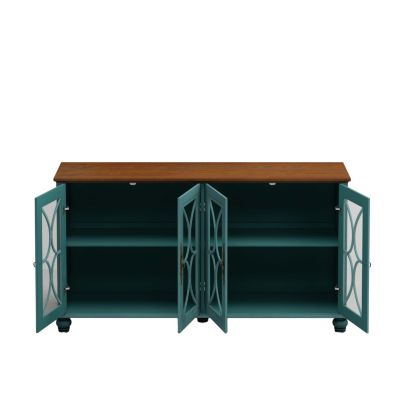 European Antique 4-Door Cabinet with Glass Doors for Living Space, Dark Green