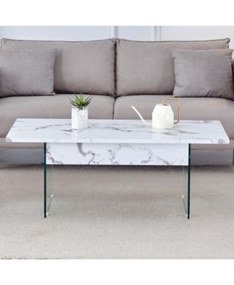 Multifunctional Lift Top Coffee Table with Modern Marble Pattern and Tempered Glass Legs