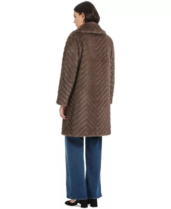Women's Chevron Textured Faux-Fur Coat - thumbnail 6