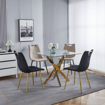 Modern Square Dining Table with Tempered Glass Top and Metal Legs (90x90x75cm)