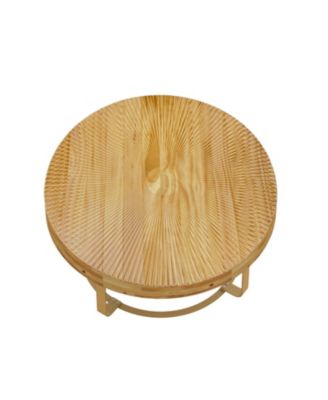 Modern Round Coffee Table with Carved Pine Top and Metal Legs