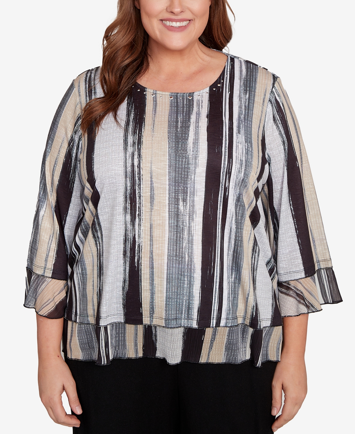 Alfred Dunner Plus Size Stripe Bell Sleeve Top