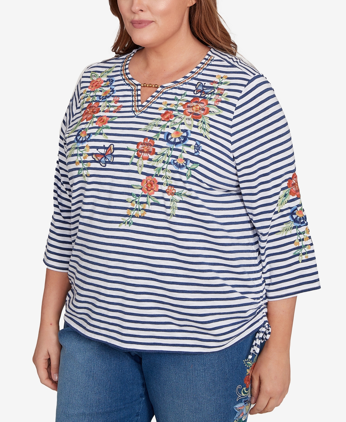 Alfred Dunner Plus Size El Paso Floral Stripe Ruched Sides Top In Blue