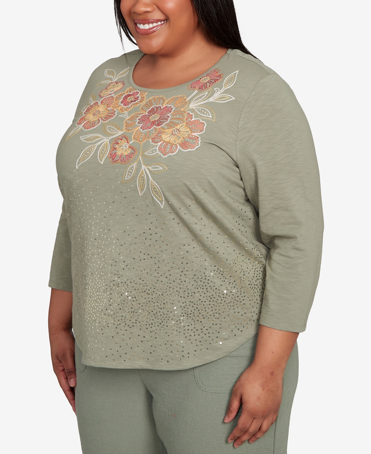 Alfred Dunner Plus Size Copper Canyon Scattered Sequin Floral Neck Top In Gray