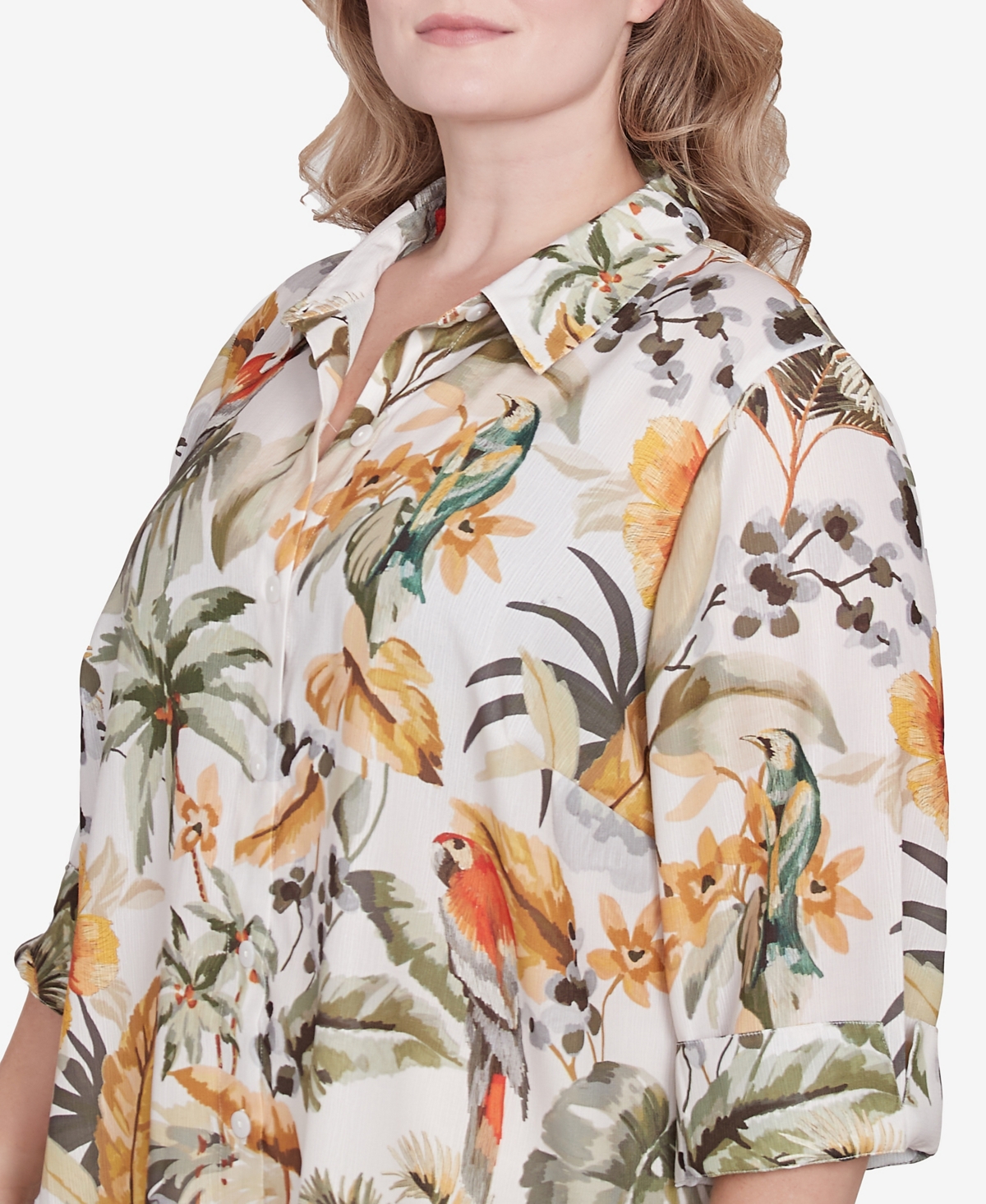 Alfred Dunner Plus Size Tropical Bird Button Front Top