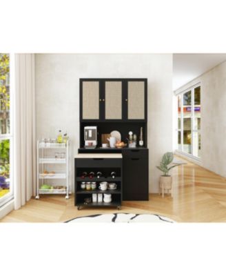 Streamdale Black Kitchen Pantry Cabinet w/ Rattan Doors & Microwave Stand