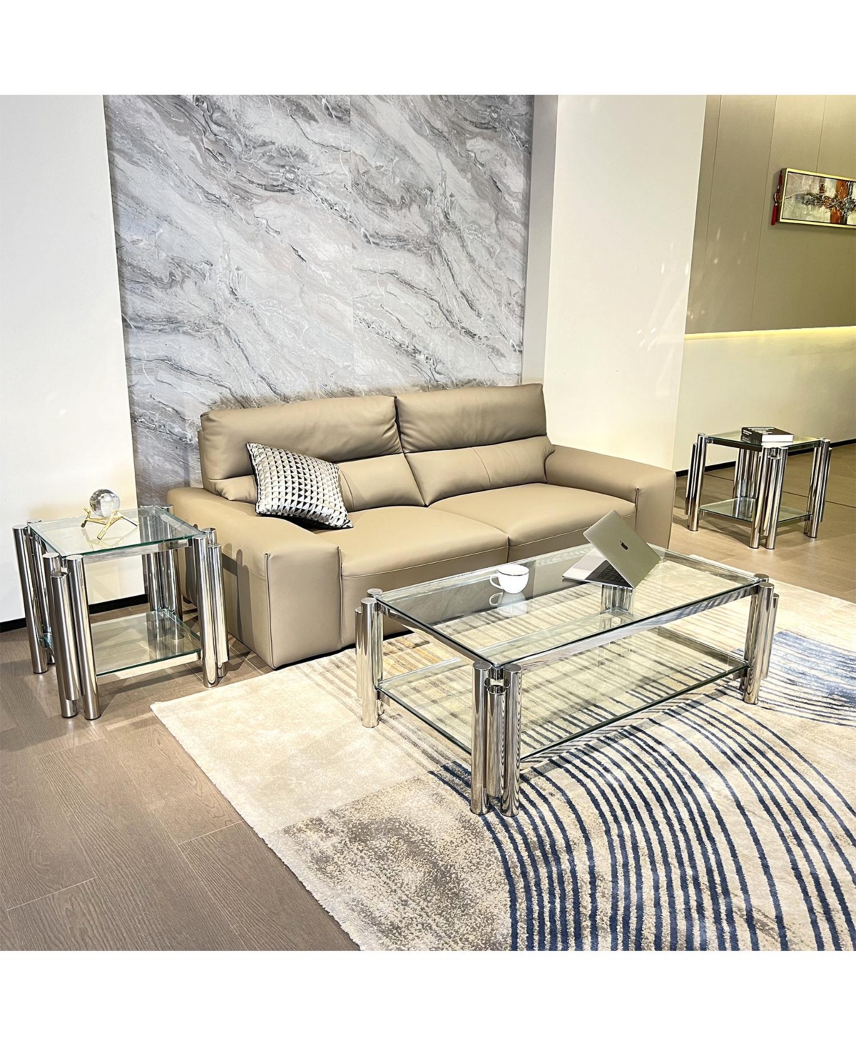 Streamdale Modern 3-Piece Stainless Steel Coffee Table Set with Clear Glass Tops