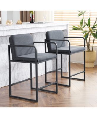 Modern Counter Height Upholstered Bar Stool with Armrests & Metal Frame - Set of 2