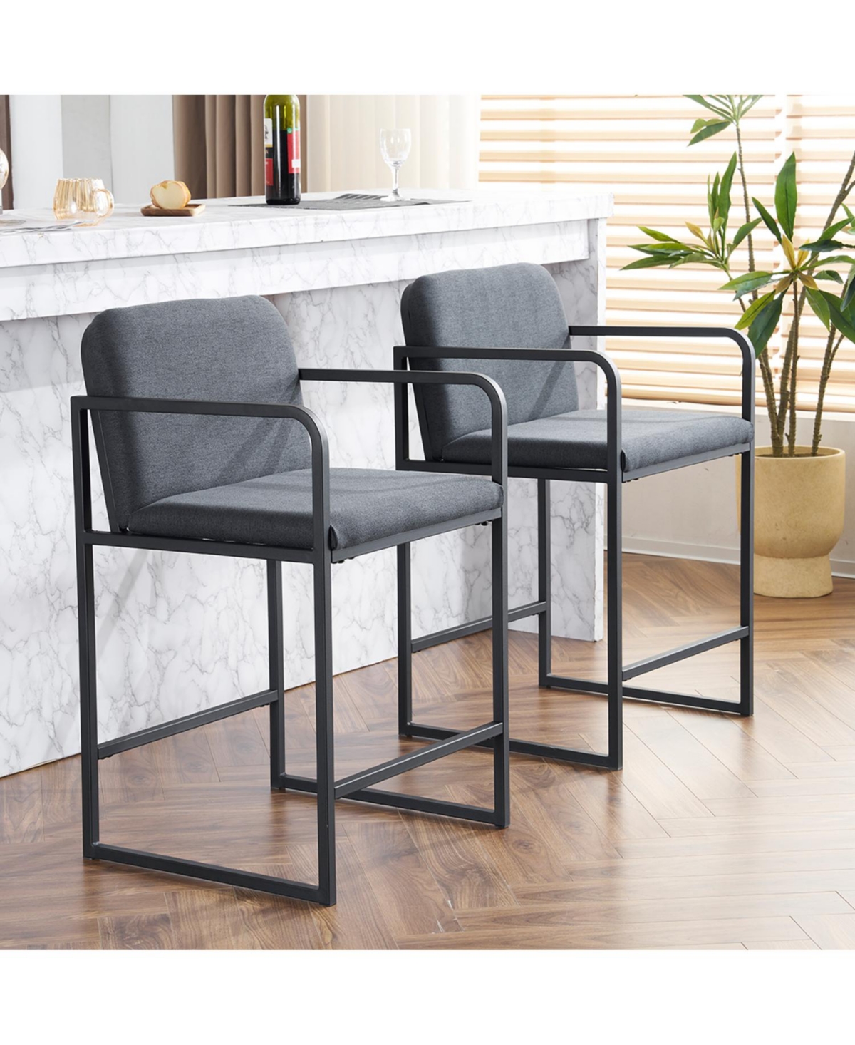 Streamdale Furniture Modern Counter Height Upholstered Bar Stool with Armrests & Metal Frame - Set of 2