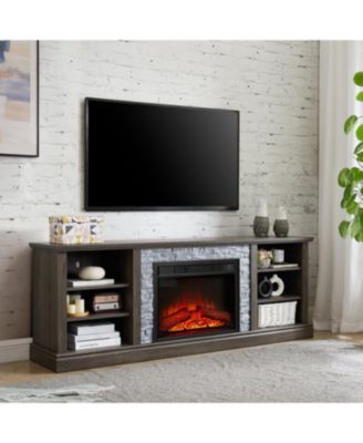 Large TV Desk Storage Rack with Faux Stacked Stone Surround, Media Console Table with Large Storage Cabinet, Modern TV Stand with 23" Fireplace Insert, GREY, 70.12" W15.35" D25.83" H