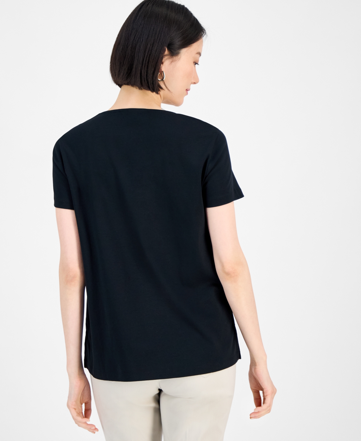 Jm Collection Women's Cotton Beaded-neck T-shirt, Exclusively At Macy's In Black