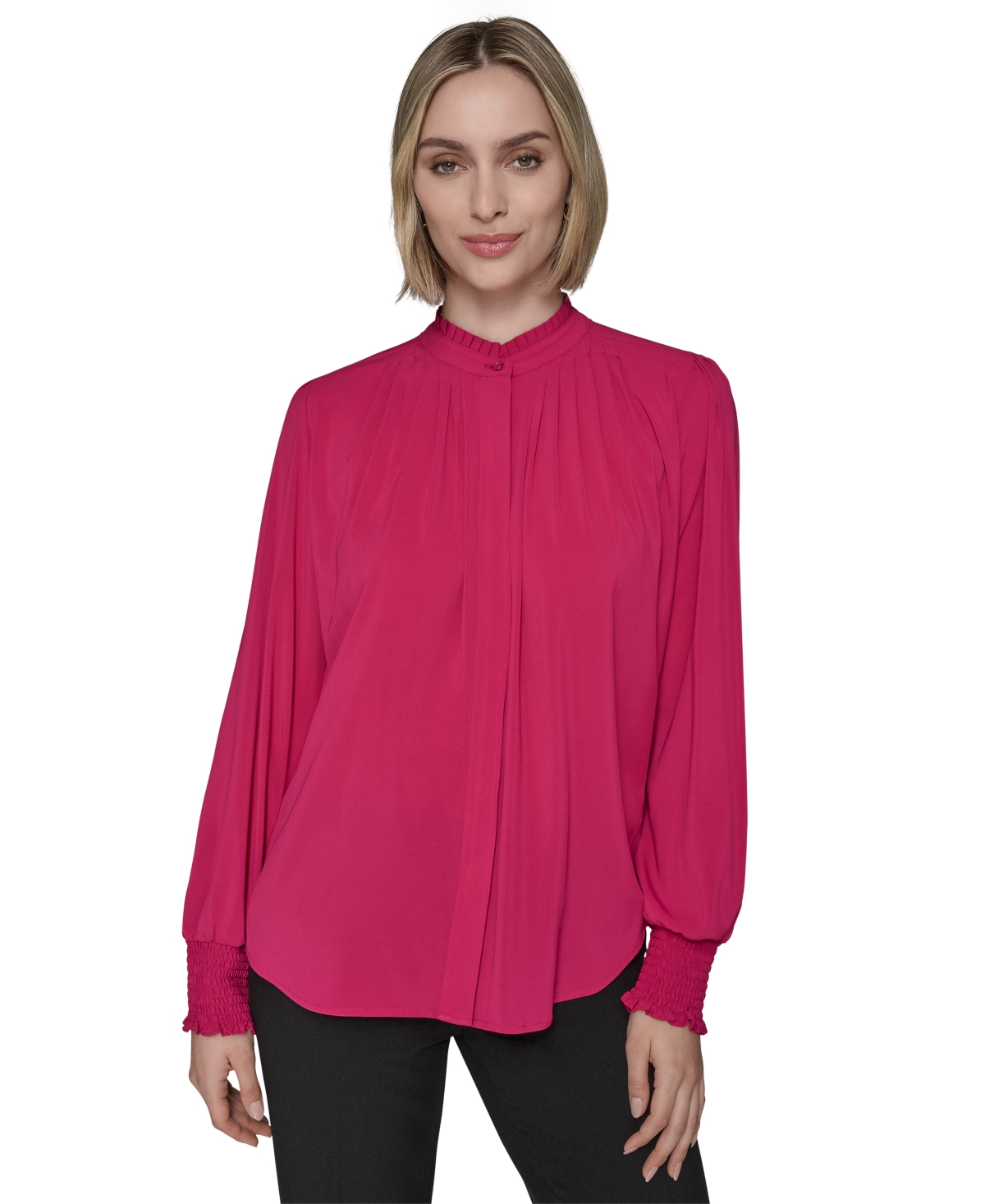 Women's Mock-Neck Smocked-Cuff Feminine Blouse - Cerise