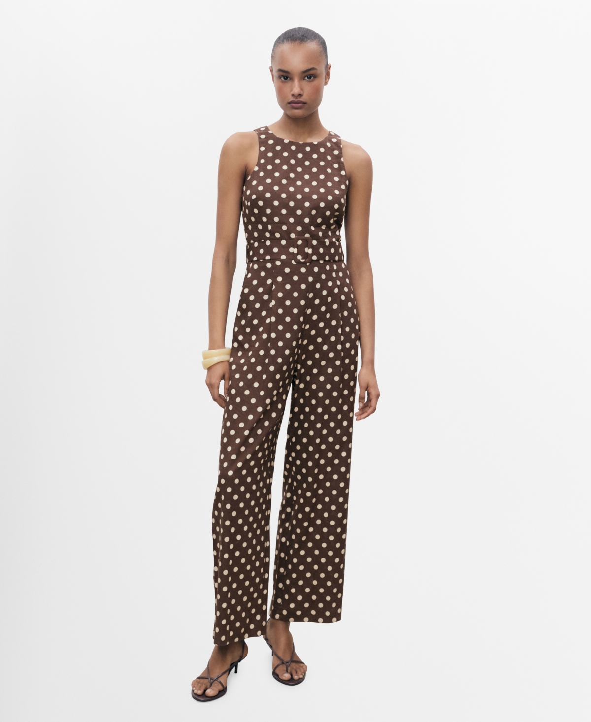Women's Polka-Dots and Belt Linen Jumpsuit - Chocolate