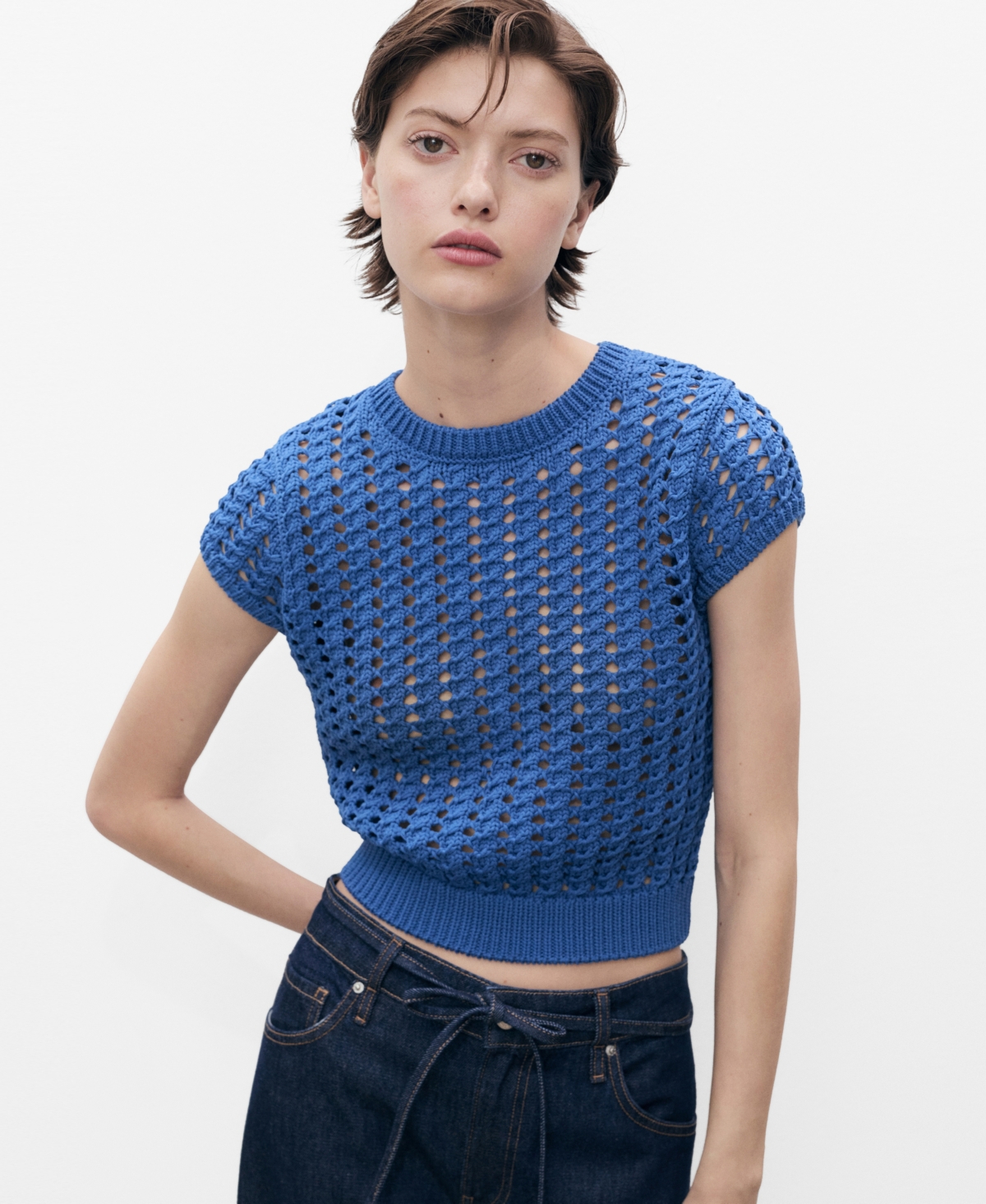 Mango Short Sleeve Open Knit Sweater In Blue