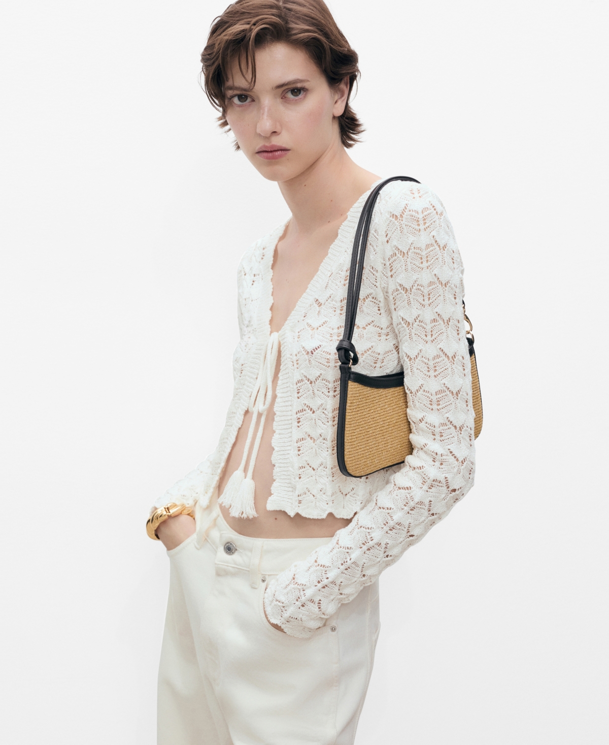 Mango Women's Crochet Bow Closure Cardigan
