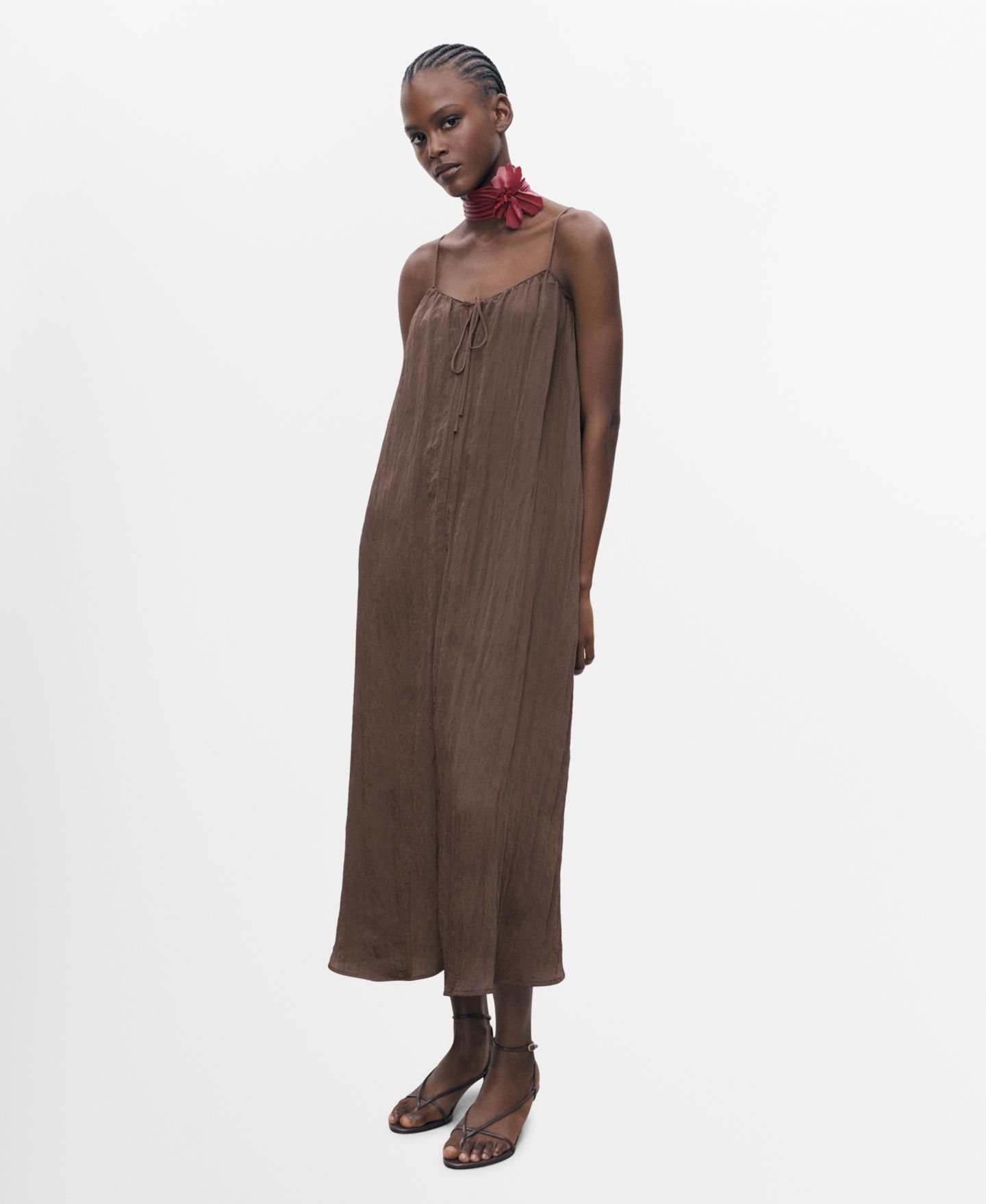Женское платье Mango Bow Detail Textured Midi, цвет: Коричневый — фото 1