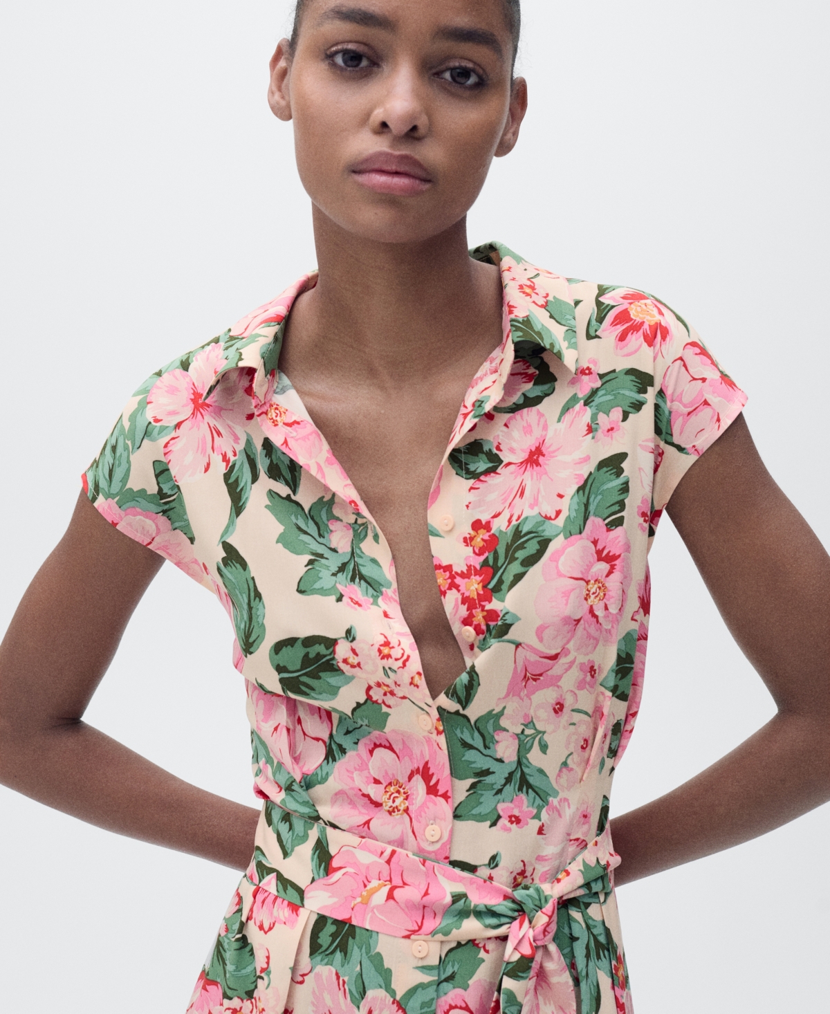 Mango Printed Shirt Dress With Belt Ecru