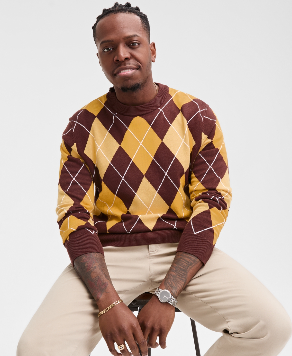 Men's Argyle Crewneck Sweater, Exclusively at Macy's - Golden Brown