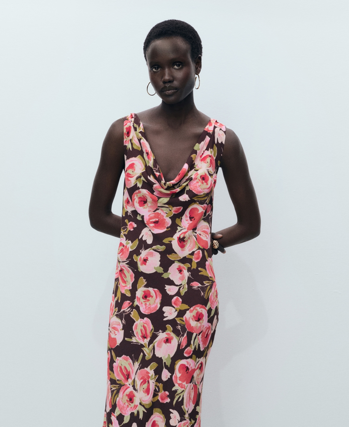 Mango Floral Print Cowl Neck Sleeveless Midi Dress