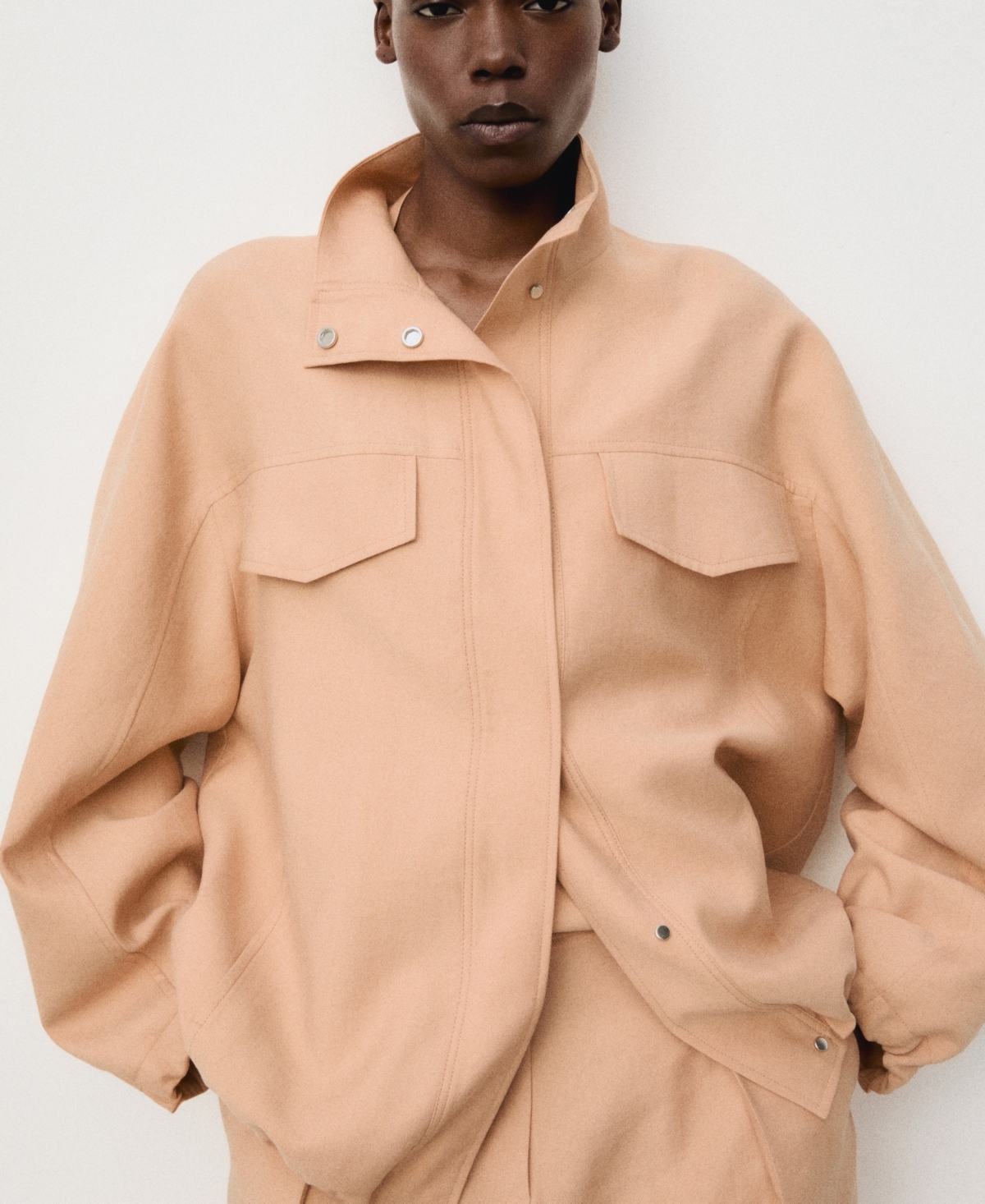 Mango Oversized Lyocell Jacket With Pockets Nude
