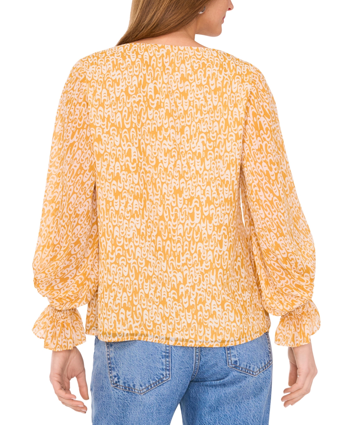 Vince Camuto Printed V-neck Ruffle Cuff Top In Orange