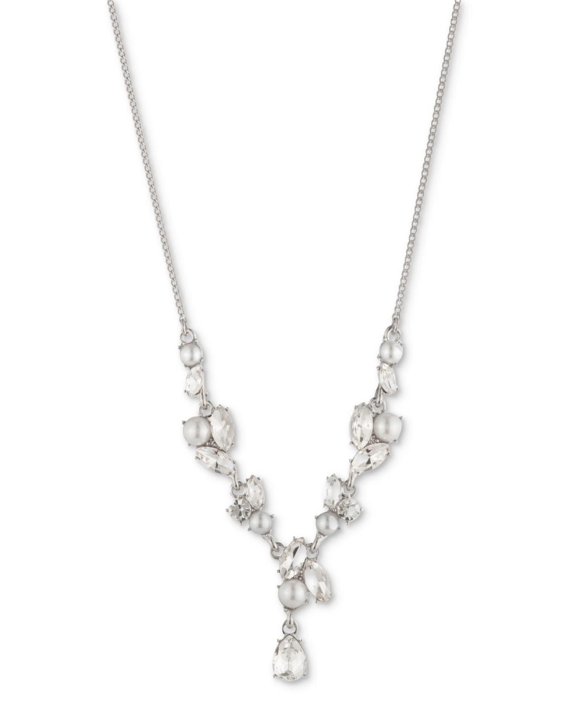 Silver-Tone Crystal & Imitation Pearl Lariat Necklace, 16" + 3" extender - White