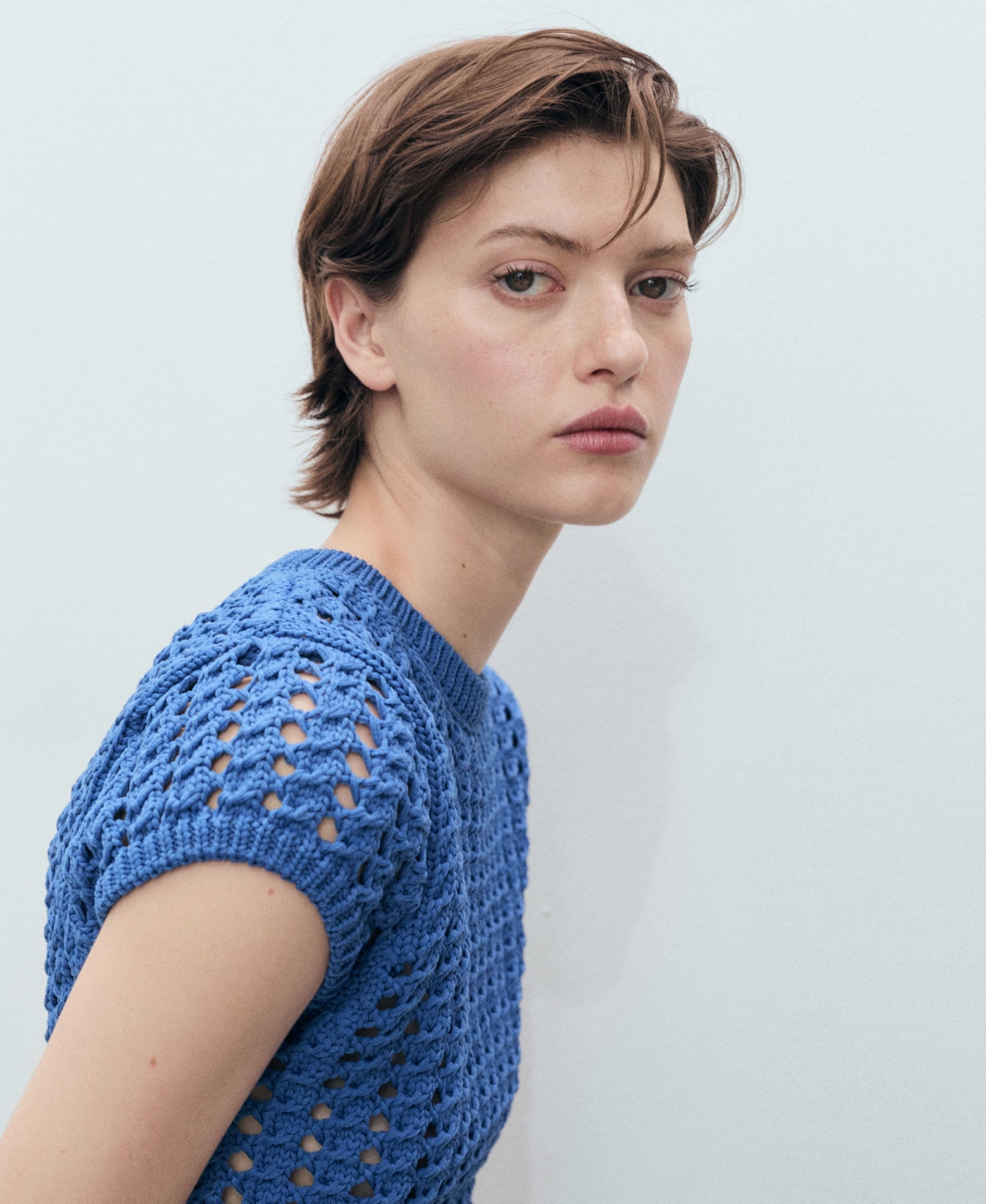Mango Short Sleeve Open Knit Sweater In Blue