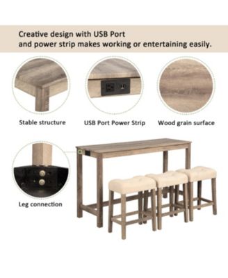 Bar Table Set with 3 Stools & Power Outlet