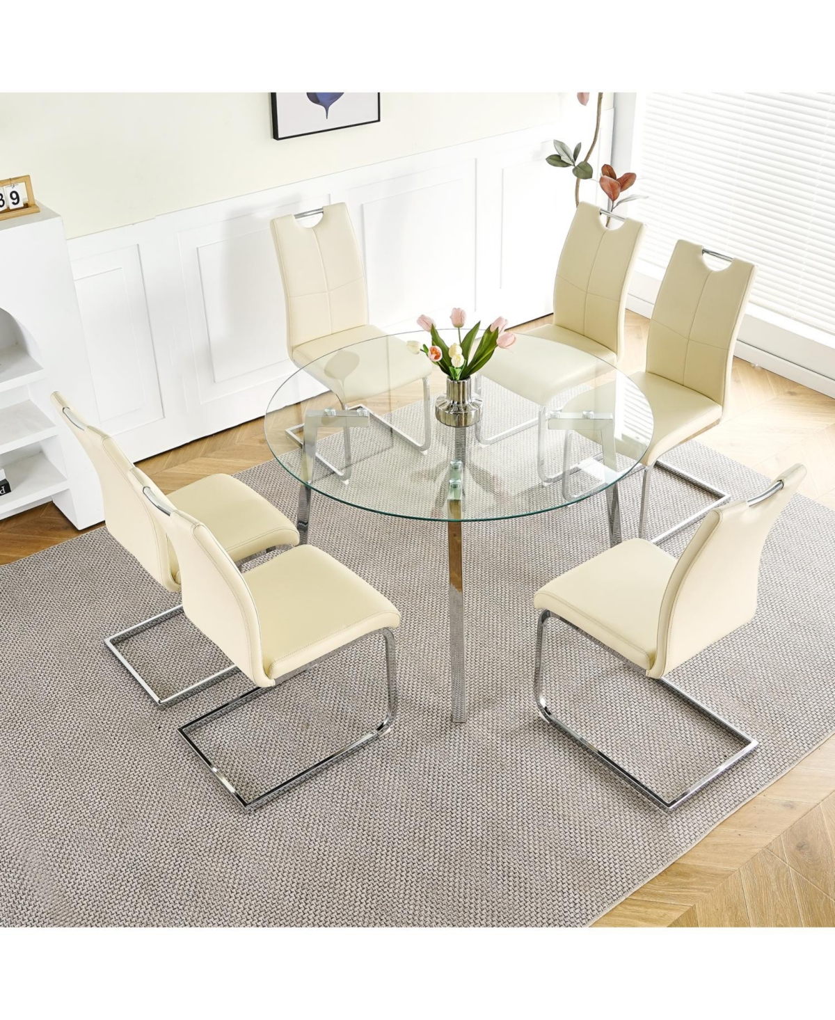 Streamdale Modern Glass Dining Set 6 Chairs, Round Table