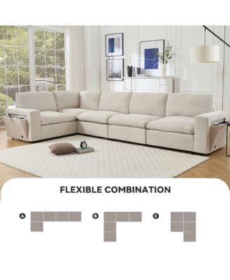 Streamdale Modular Sectional Sofa with Wireless Charger, Cup Holders, Book Space, and Soft Linen Fabric (5-seat, Beige)