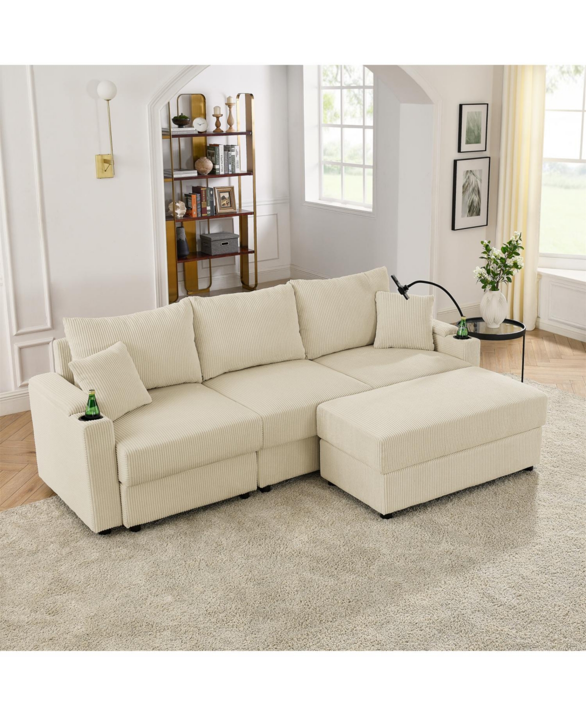 Streamdale L-Shaped Corduroy Sofa with Ottoman, Storage & Cup Holders