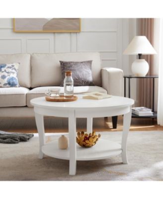 Round Coffee Table with Storage Shelf, 2-Tier Accent Table, 30" x 30" x 18